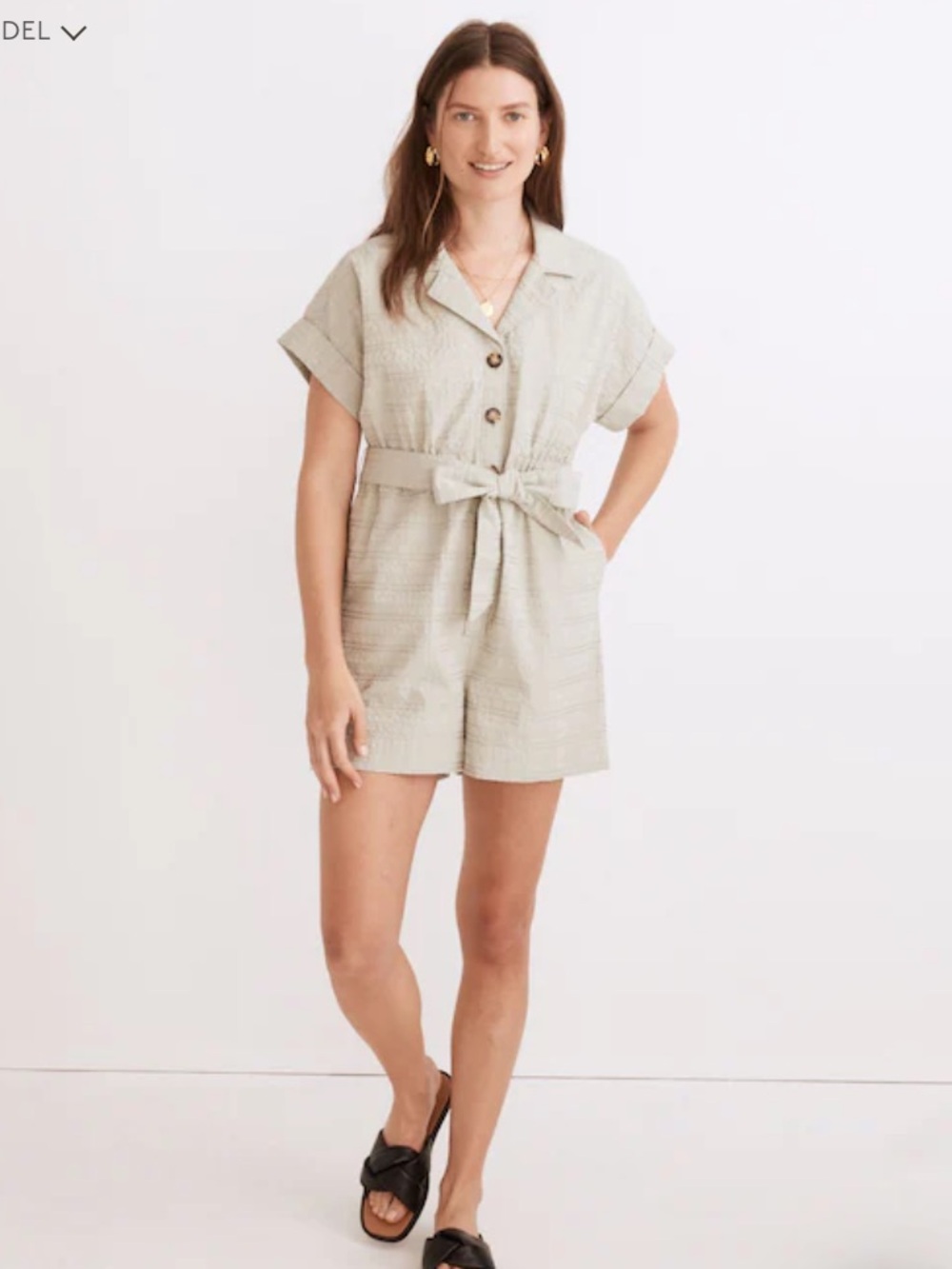 Madewell Short-Sleeve Belted Romper in Oatmeal